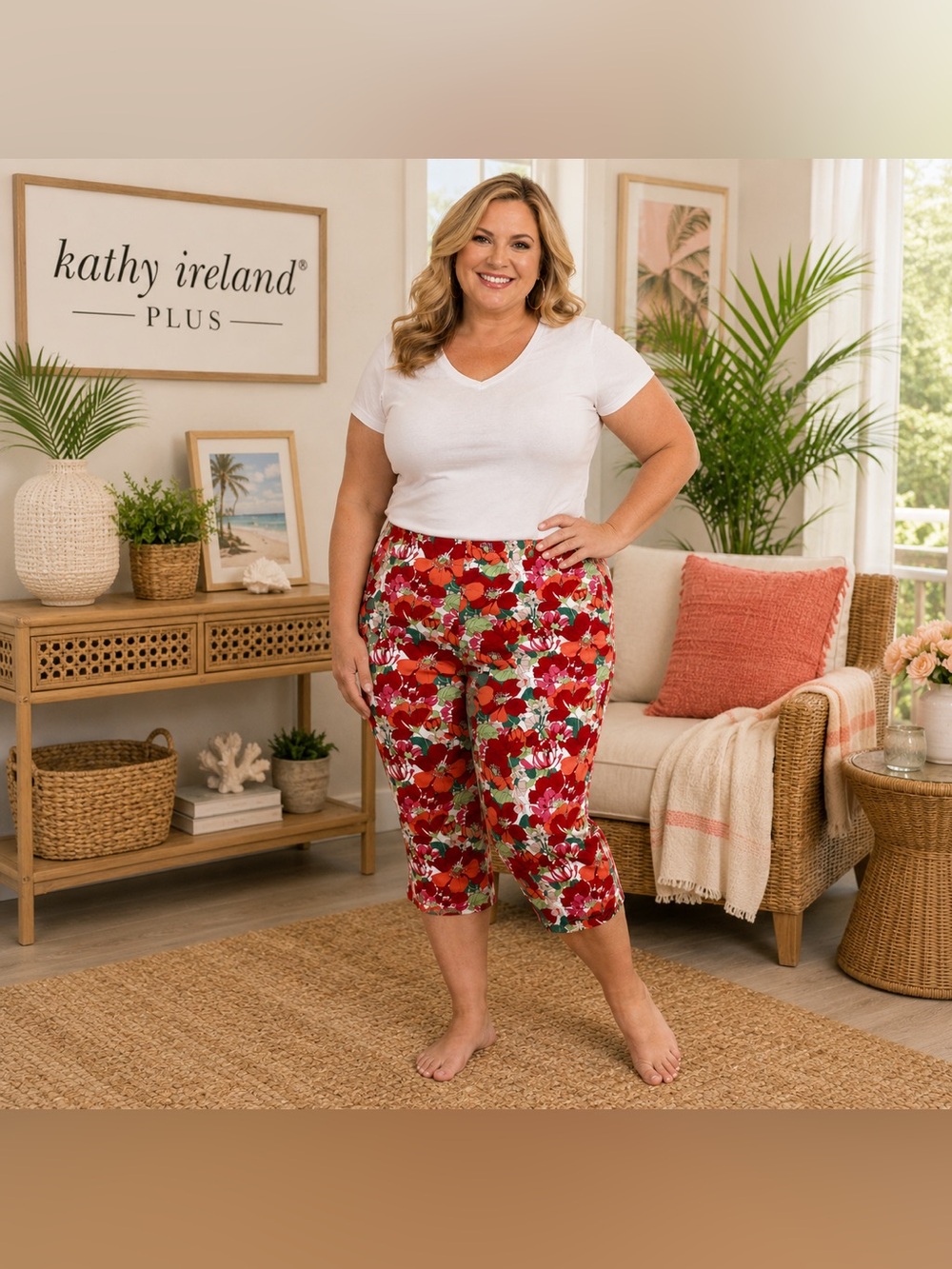 Kathy Ireland PLUS Pink/Red/Orange Floral Side Zip Capris (22)